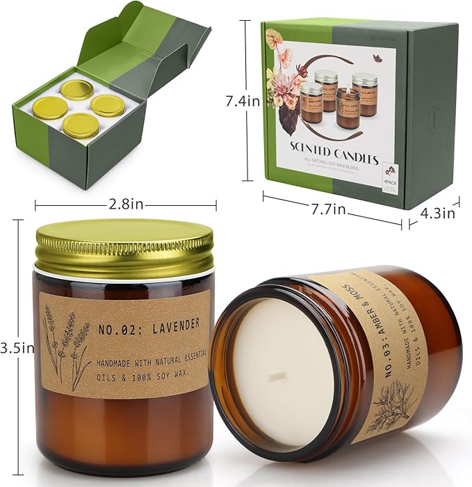 Soy Wax Candle Gift Set, 4 Pack Scented Candles for Home – Sandalwood & Fresh Rose, Lavender, Amber & Moss–Long Lasting Aromatherapy Candles for Stress Relief & Holiday Gifts for Family, Friends