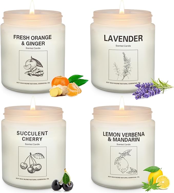 Soy Wax Scented Candle Gift Set, 4 Pack Lavender, Orange & Lemon Scents, Long Lasting Aromatherapy Candles for Home, Relaxing Gifts for Women, Perfect for Holiday, Thanksgiving & Christmas