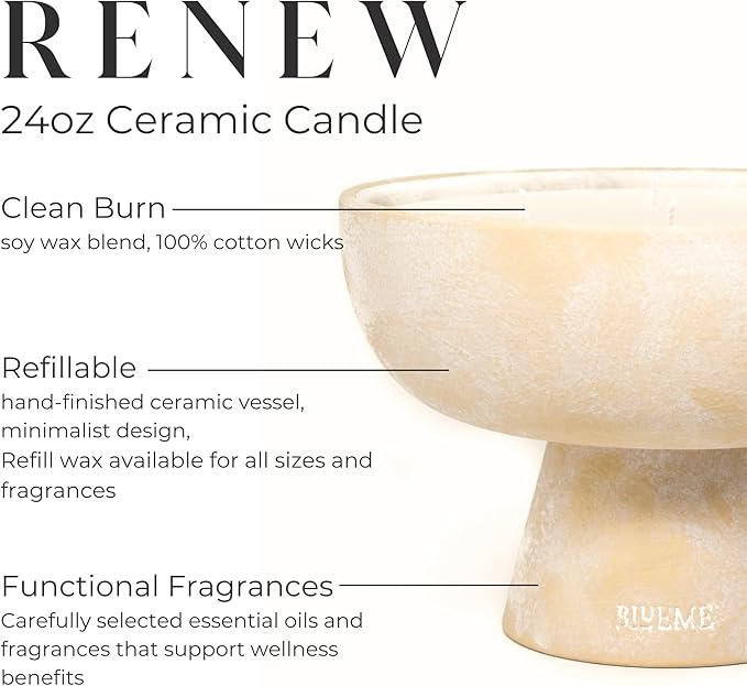 BLUEME Renew - Ivy & Rose, Luxury Candle w/Essential Oils, 5 Wick, Hand-Poured Soy, Cotton Wick, Ceramic
