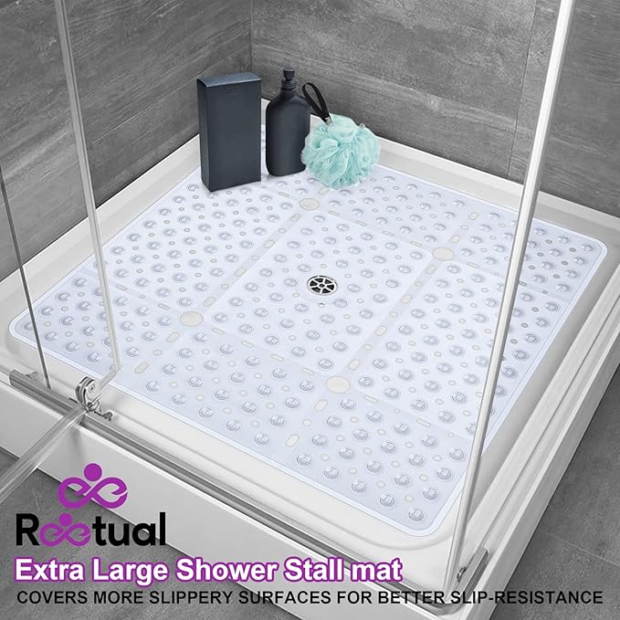 Reetual XL Shower Mat Non Slip - 27x27 Bath Mat for Shower Stall or Large Bathtub Mat with 240 Powerful Suction Cups and Drain Holes. Black Shower Mats for Bathroom (Clear Mat)