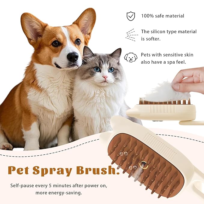 Cat Brush Cat Steam Brush Rechargeable Steamy Pet Grooming For Shedding, Water Spray Massage Brushs, Dog Hair Removal Self Cleaning Brushs Steamer Wet Spa Comb (Beige)