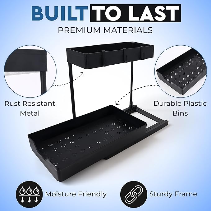 2-Pack Under Sink Organizer, 2-Tier Sliding Cabinet Storage, Under Sink Organizer with Hooks for Kitchen Bathroom Closet Pantry