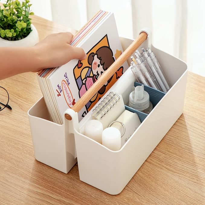 Large Portable Basket with Handle, Plastic Craft Storage Organizer Caddy Tote with Adjustable Divided for Makeup Art Supplies, Sewing, Colored Pencils-Blue