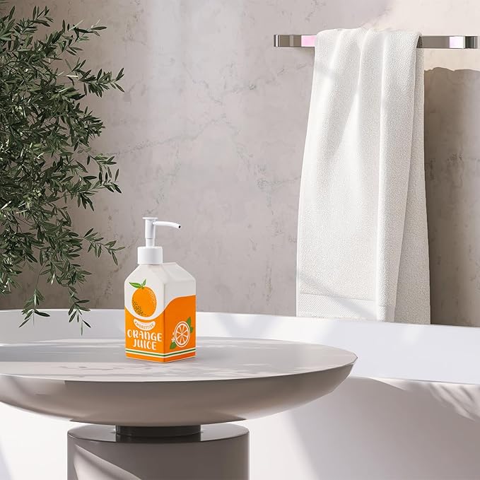Ceramic Orange Juice Bottle Soap Dispenser, Refillable Lotion Pump Bottle for Bathroom Kitchen Dish Soap