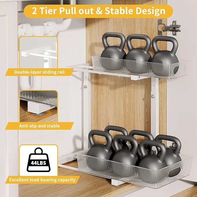 Under Sink Organizer, Under Sink Organizers and Storage with Adjustable Height and PET Basket, Pull Out Under Cabinet Organizer for Counter Kitchen, Vanity, Laundry, Pantry (1Pack, White)