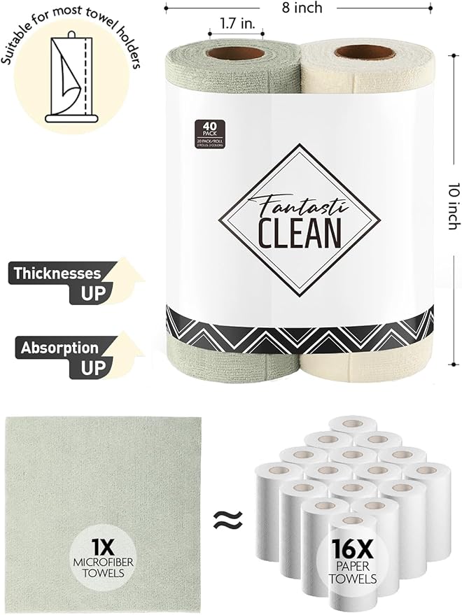 Fantasticlean Tear Away Dish Cloth - 40 Sheets - 10'' by 10'', Reusable Washable Kitchen Towel Rolls, Super Absorbent and Thick Microfiber Cleaning Cloths (2 Rolls of Beige and MossGreen)