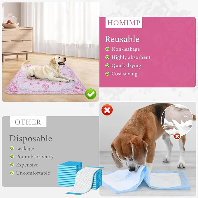Homimp Washable Pee Pads for Dogs, 4 Pack Reusable Puppy Pads Waterproof, Absorbent and Leakproof Dog Pee Pads, Non Slip Puppy Training Pads, Pet Mat for Floor,Crate,Couch,Whelping,Pink, 18"x24"