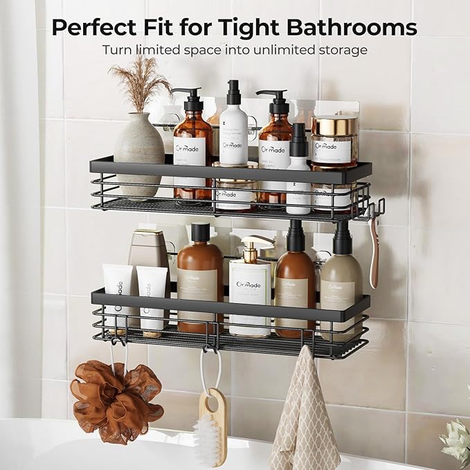 Orimade Shower Caddy with 5 Hooks for Hanging Razor and Sponge Adhesive Shower Shelf Basket Bathroom Storage Organizer Kitchen Rack No Drilling Stainless Steel Rustproof - 2 Pack,Black