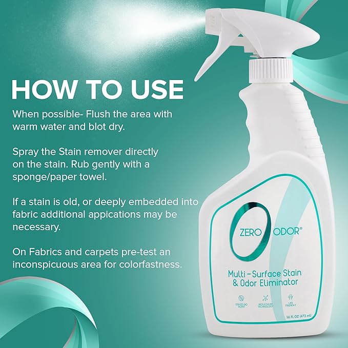 Zero Odor – Multi-Surface Stain Remover & Odor Eliminator - Remove Stains and Odor Patented Molecular Technology Best for Carpet, Rug, Linens, Furniture, Floors, 16oz