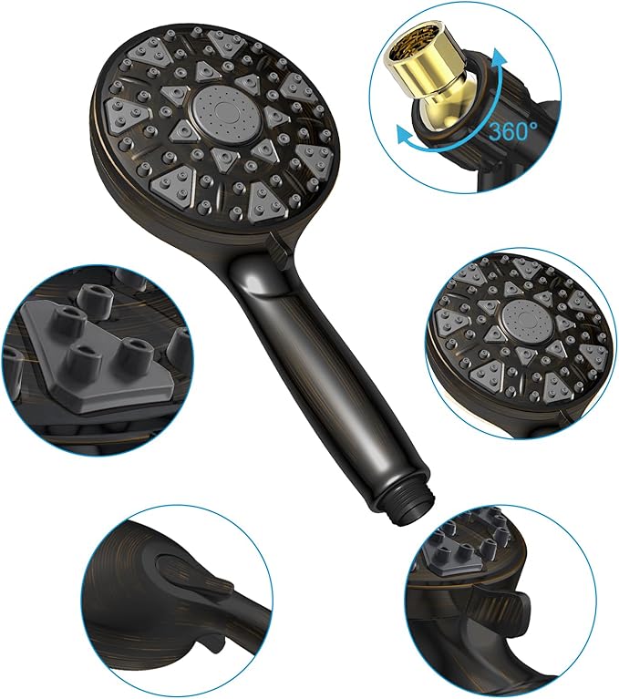 High Pressure Shower head with Handheld 7 Modes, Built-in Power Wash to Clear Tub. Tile &Pets, 5” High Flow Hand Held Rain Showerhead with Stainless Steel Hose and Adjustable Bracket-Oil Rubbed Bronze