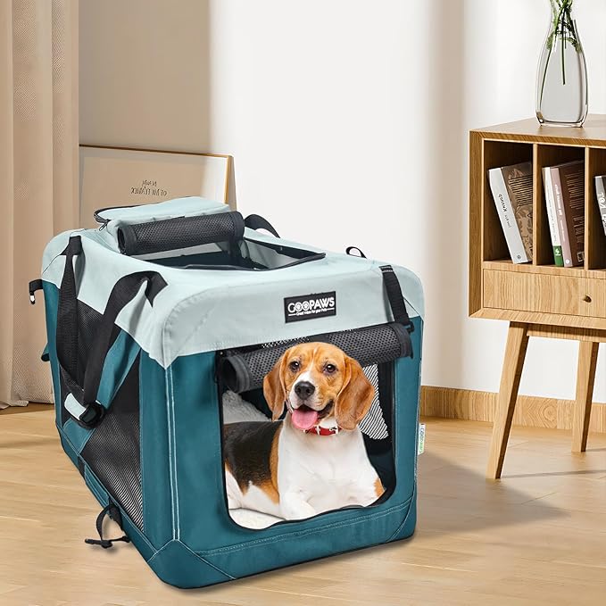 JESPET Soft Dog Crates Kennel for Pets, 3 Door Soft Sided Folding Travel Pet Carrier with Straps and Fleece Mat for Dogs, Cats, Shale Green, 36'' (8-Teal Blue, Small(24" L x 16.5" W x 16.5" H))