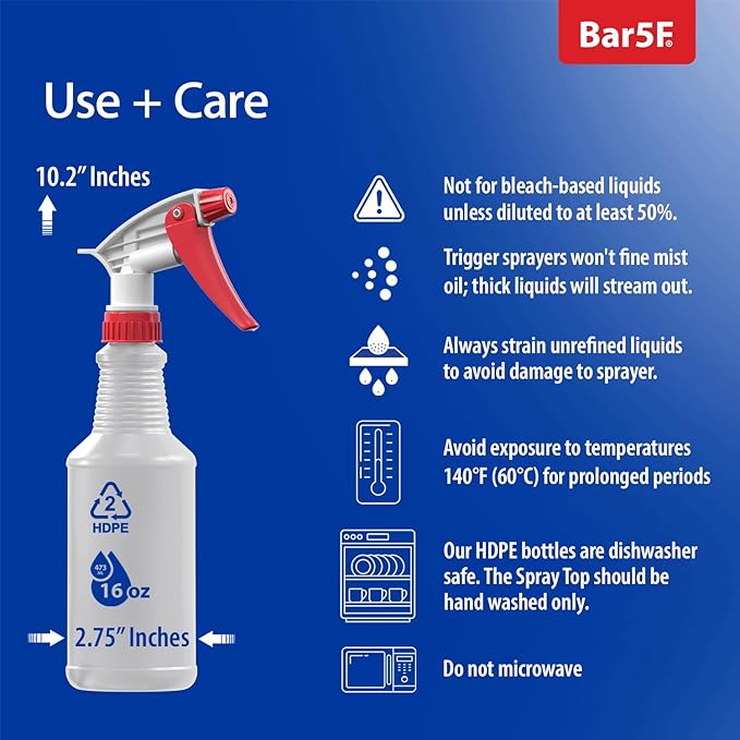 Bar5F Plastic Spray Bottles 2 Pack, 16 Oz, All-Purpose, Empty for Chemical and Cleaning Solutions, Adjustable Head Sprayer Fine to Stream (Pack of 4 (Red))