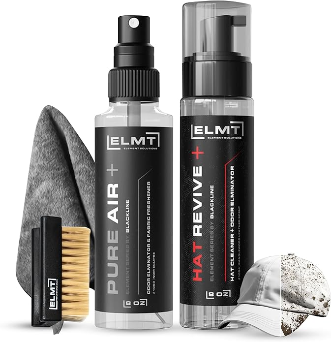 Blackline ELMT Hat Cleaning Kit — Quick-drying, US-Made, Cleans 50+ Hats — Hat Cleaner for Baseball Caps of all Materials Cotton, Wool, Leather, Felt and more (8oz Solution, Deodorizer, Towel & Brush)