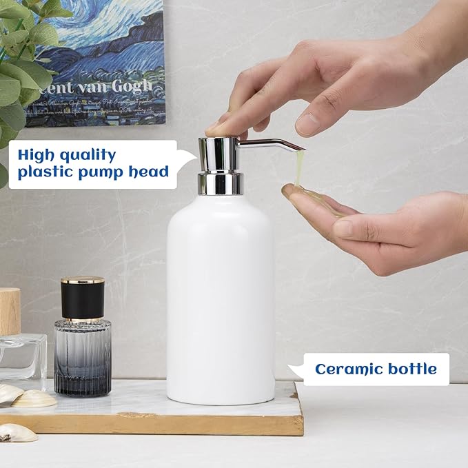 Ceramic White Soap Dispenser Bathroom, 2 Pcs 16.9oz Hand Soap Dispenser for Kitchen, Hotel