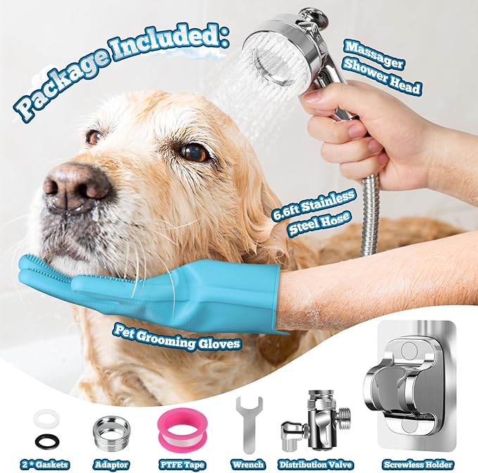 Dog Shower Attachment Set, 6.6 Ft Stainless Steel Pet Shower Hose with 3-Way Diverter Valve & Grooming Sprayer for Easy Pet Bathing – Includes Sprayer Nozzle, Holder, Adapters, & Grooming Gloves
