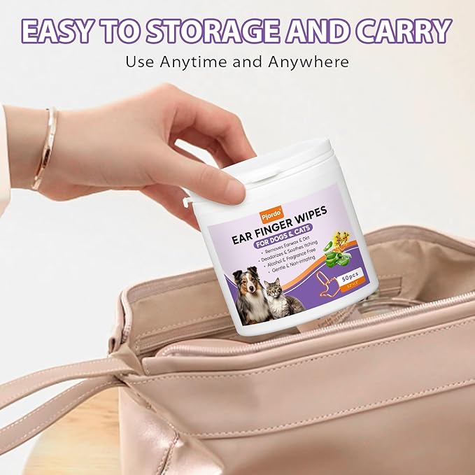 Dog Ear Cleaner Finger Wipes, Ear Finger Wipes for Dogs & Cats, Gently Remove Ear Wax, Debris, Sooths & Deodorizes, Relieve Ear Itching, Pet Ear Wipes with Aloe Vera & Witch Hazel - 50 Count