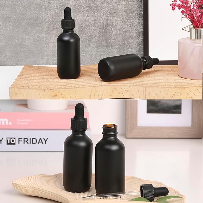 2oz Glass Dropper Bottle,Preety Texture Tincture Bottles with Precise Scales Eye Droppe,for All Kinds Of Mixed Liquids,Leak-Proof Design for Easy Travel (Black Frosted-24Pack)