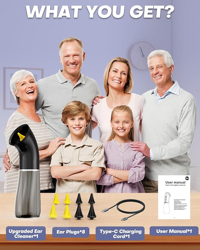 Upgraded Ear Wax Removal Kit, One Piece Waste Tank - Ear Irrigation Flushing System with 4 Modes & 8 Nozzles - IPX7, Safe and Effective Electric Ear Cleaner for Family Use, Type-C (Gray)