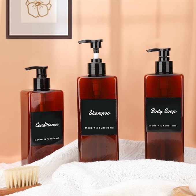 Suream Amber Shampoo and Conditioner Dispenser with Black Plastic Pump, 16.9oz Refillable Shower Bottle for Bathroom, Empty Container for Body Wash, Hand Soap, Lotion, Massage Oil