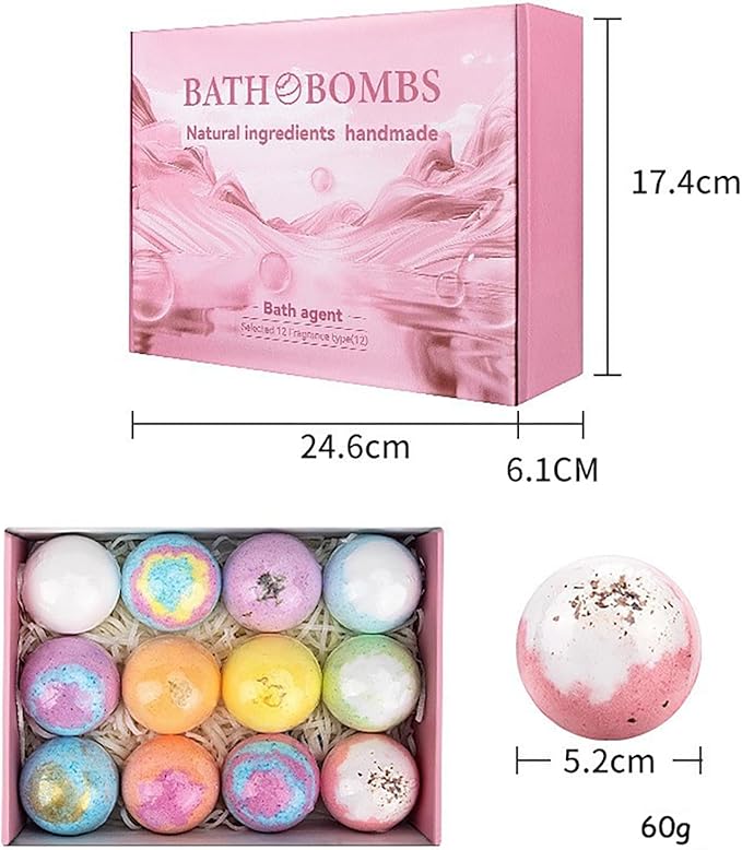 Natural Handmade Bath Bombs Salt Balls Gift Set, 12 PCS with Sea Salt & Shea Butter, Moisturizing Dry Skin, Stress Relief, Bubble Bath, Perfect Care Relaxing Spa Gifts for Women, Men & Kids