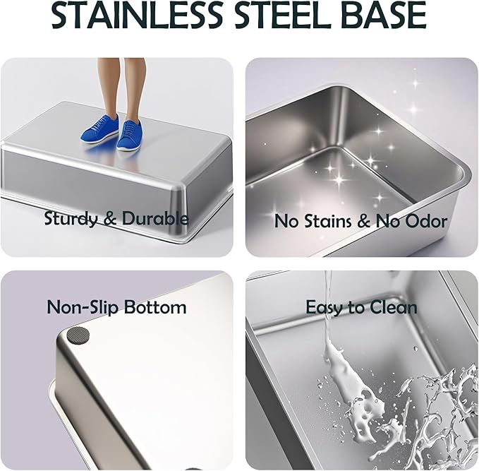 MEEXPAWS Rabbit Litter Box Stainless Steel, Large Bunny Litter Box with Raised Grid and Washable Pee Pad, Metal Litter Pan High Side for Rabbit,Small Animal Toilet Potty Tray Easy Cleaning,Less Stink