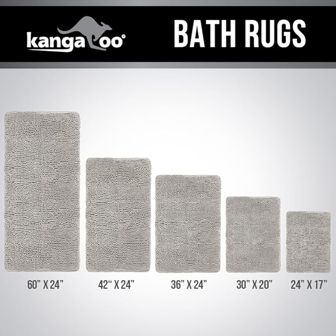 KANGAROO Bathroom Rugs, Chenille Soft Absorbent Bath Rug, Shaggy Shower Mat, Quick Dry Machine Wash Bathmat, Plush Carpet Mats for Tub, Bathtub and Room Home Decor Accessories, 24x17, Light Gray