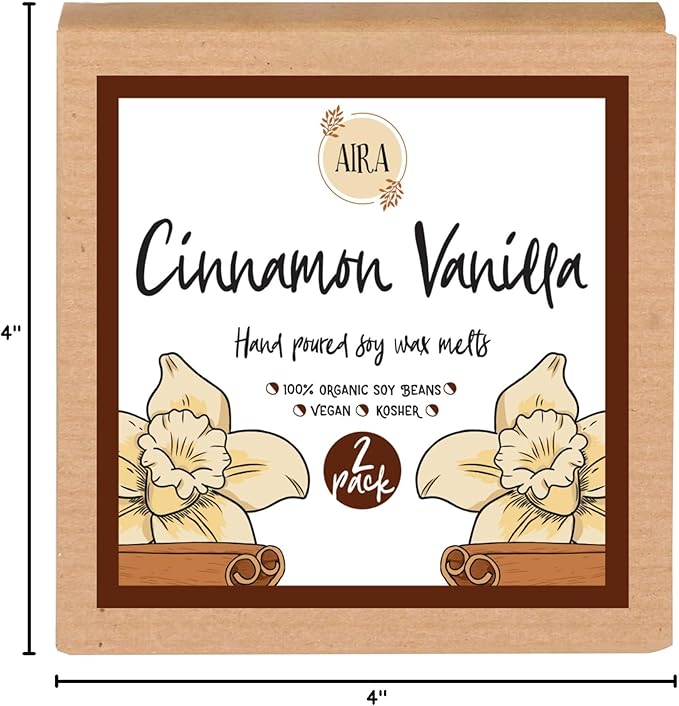 Aira Soy Wax Melt - Organic, Vegan, Kosher, Scented Soy Wax Cubes w/Essential Oil Blends - No Chemical 100% Soy Wax Melts for Tealight Melters - Hand-Poured Soy Tarts - Cinnamon Vanilla - 2 Pack