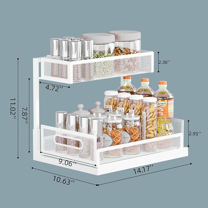 2 Pack Under Kitchen Sink Organizer L-Shaped 2 Tier Pull Out Cabinet Organizer Expandable Bathroom Under Sink Storage with Sliding Drawers Sturdy Metal Pantry Shelves Spice Rack, White