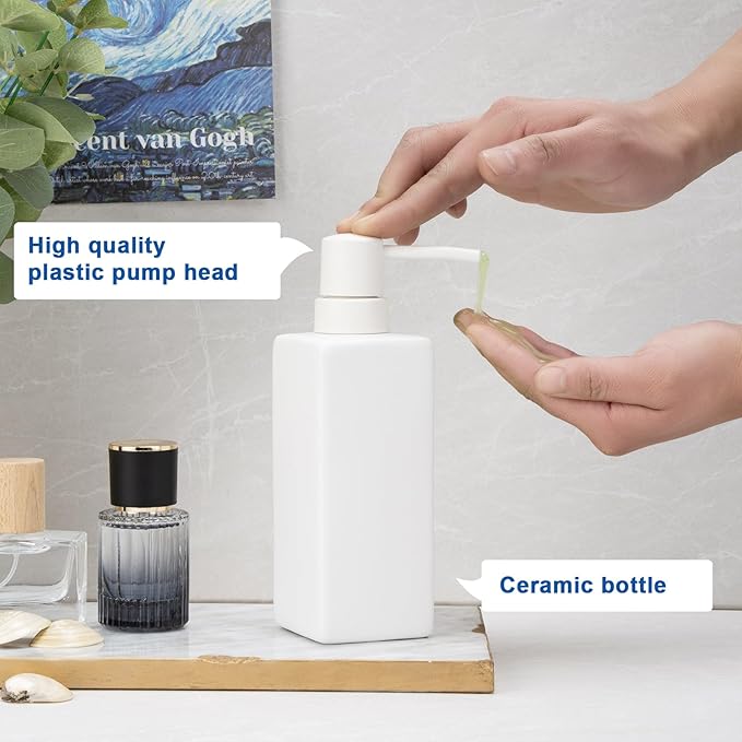 Ceramic 2Pcs White Soap Dispenser with Rust-Proof Plastic Pump for Bathroom 10oz Liquid Hand Soap Dispenser for Kitchen