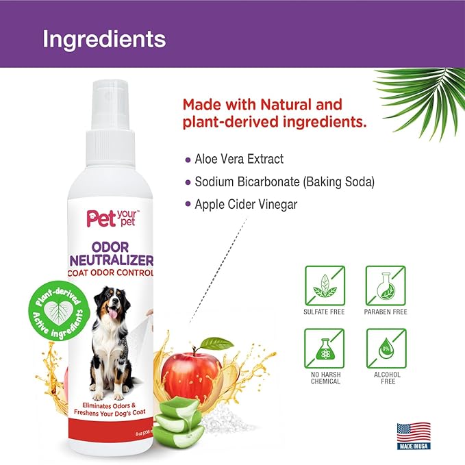 Odor Neutralizer Spray for Dogs 4oz, Non-Toxic Deodorizer with Aloe Vera & Apple Cider Vinegar, Made in USA, Freshens Coat & Eliminates Odors