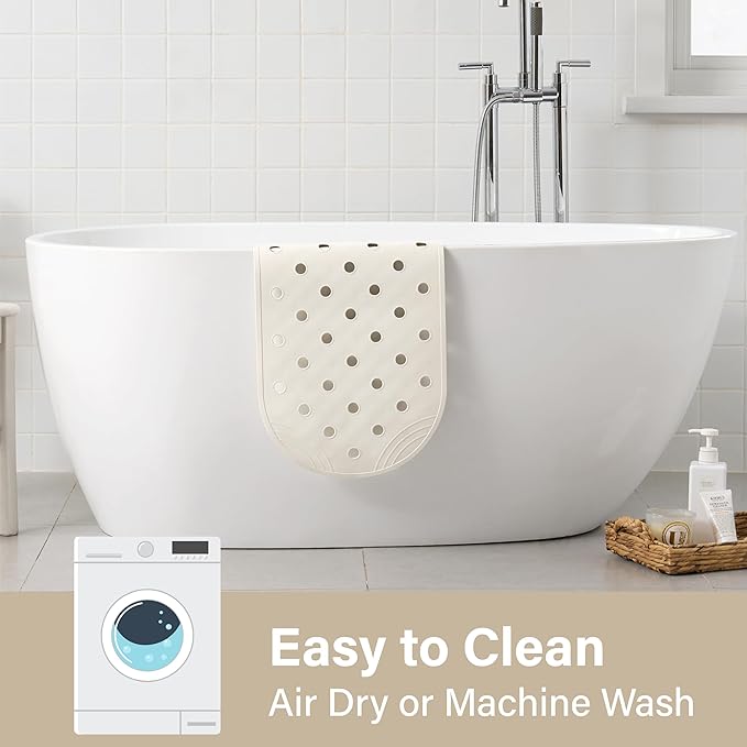 Rubber Bathtub Mat Shower Mat Non-Slip, 31x14 Inch, Bath Tub Floor Mat with Suction Cups and Drainage Holes, Ivory White