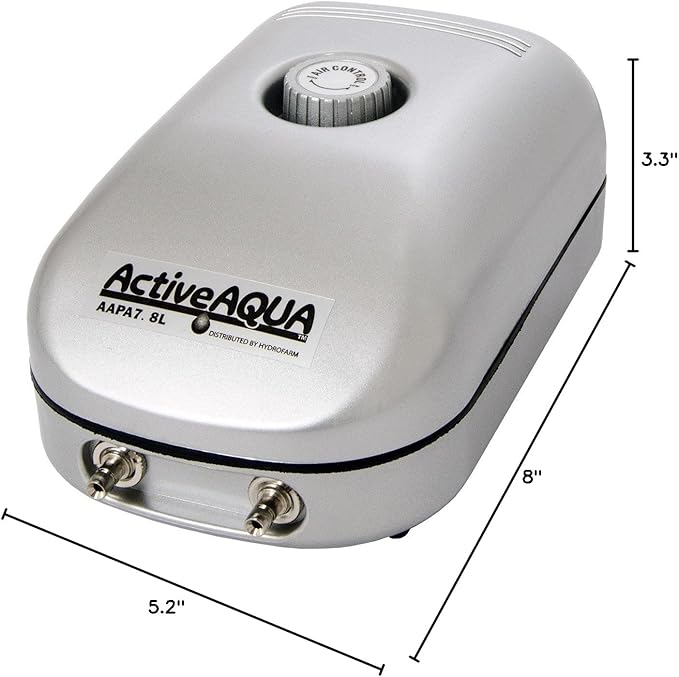Hydrofarm AAPA7.8L Active Aqua, 2 Outlets, 3W, 7.8 L/min Air Pump, Silver