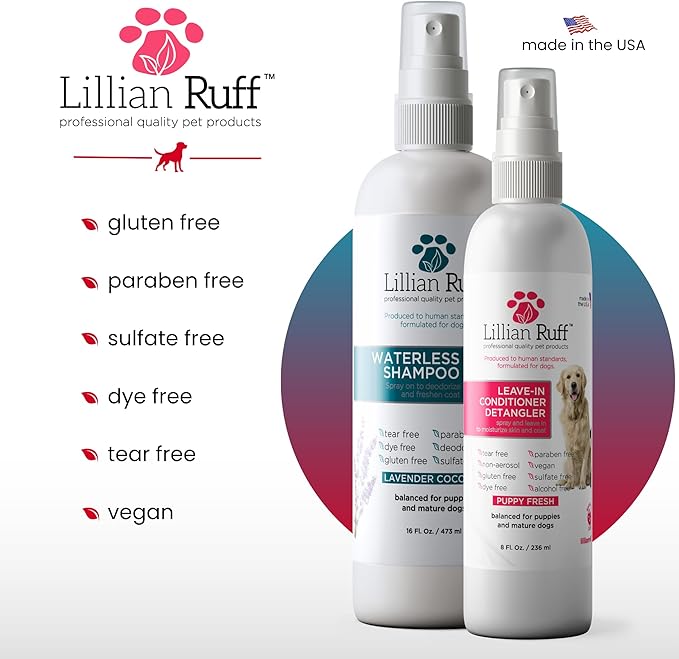 Lillian Ruff Waterless No-Rinse Dog Dry Shampoo Spray & Leave-in Dog Conditioner & Detangler - pH-Balanced for Dogs After-Bath No Rinse Hydrating Spray Set- Clean, Condition, Detangle & Deodorize