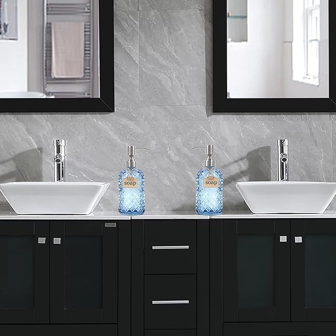 16 Oz Soap Dispenser with 304 Rustproof Stainless Steel Pump, Kitchen, Bathroom Soap Dispenser, Refillable Liquid Glass Soap Dispenser for Hand Soap, Soap, Lotion. (Blue-2pack)
