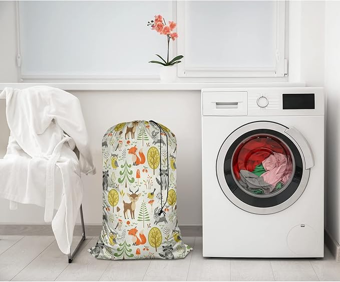 Swono Woodland Animals Laundry Bag with Strap Machine Washable Large Dirty Clothes Organizer Trees Mushrooms Berries Rabbit Owl Easy Fit Laundry Hamper or Basket, Carry Up to 4 Loads of Laundry