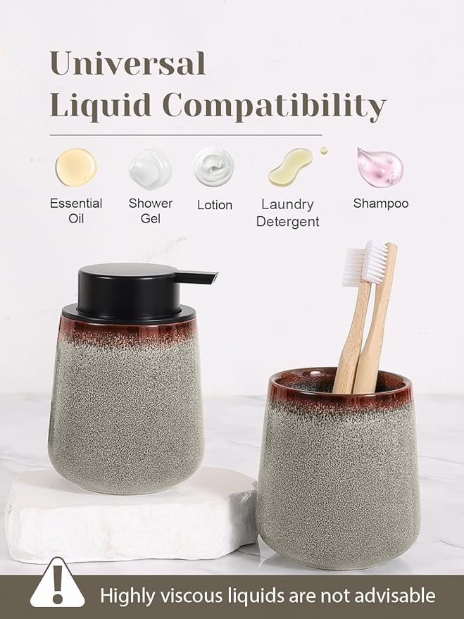 INGOFIN Ceramic Lotion Dispenser - 12 oz Refillable Hand Soap Dispenser Bathroom, Modern Liquid Dispenser with Pump, Dish Soap Dispenser for Kitchen, Kiln-Glazed