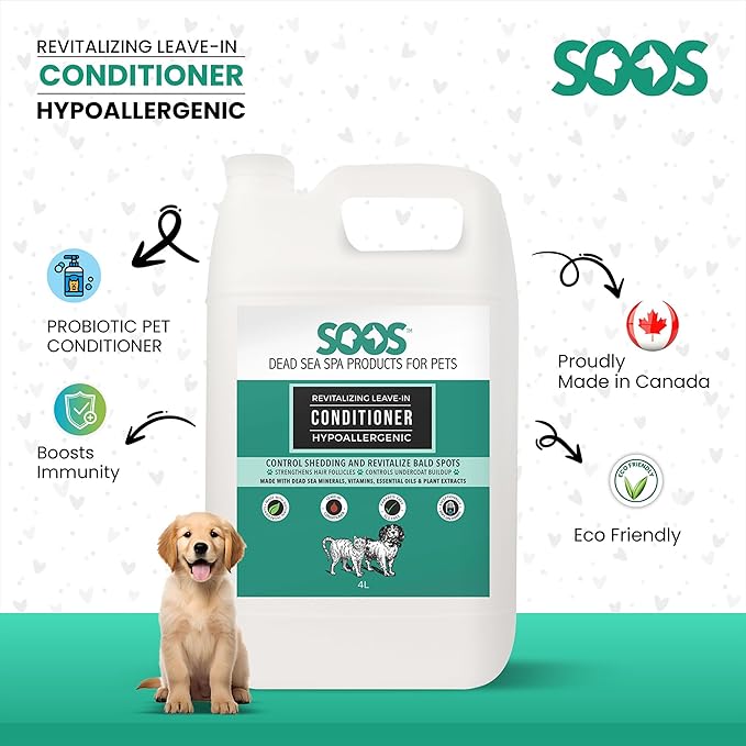 Soos Pets Pet Conditioner Natural Dead Sea Hypoaller-genic Revitalizing Leave-in Deeply Absorbing with Vitamins Essential Oils Natural Elements for Dogs and Cats - 1x Pet Conditioner (4L / 1.32 gal)