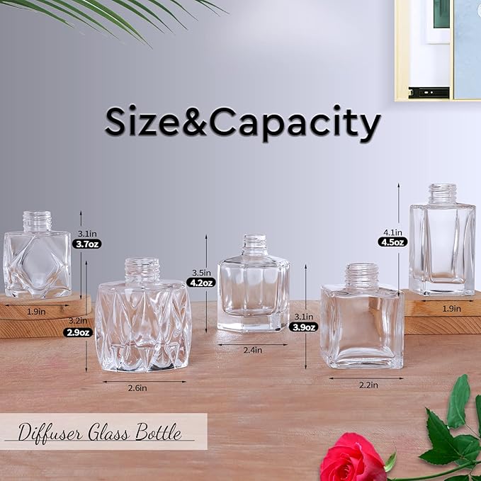 Diffuser Glass Bottles Set of 5 DIY Empty Clear Glass Fragrance Bottle with Gold Caps Reeds Sticks Vase Decorative Diffusers for Home Office Desk Decoration Wedding Replacement Girl Women