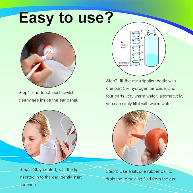 Ear Wax Removal Tool, Ear Cleaning Kits Safe Ear Irrigation Kit Ear Flush Kit for Adults Kids, Ear Wax Washer Device with LED Earwax Spoon, Basin, Bulb, Curette Kit, Towel, Tips, Storage Box White