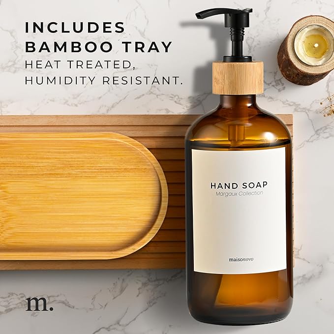 Maisonovo Glass Soap Dispenser Bathroom Set | Hand Soap and Dish Soap Dispenser Set | 16.9oz Amber Bottles with Black Bamboo Pump | Bathroom Lotion Dispenser with Pump Set of 2