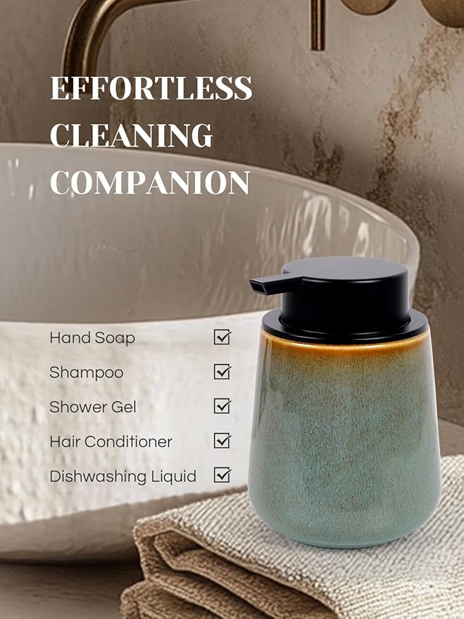 INGOFIN Ceramic Foaming Soap Dispenser -12oz Foam Hand Soap Dispenser Bathroom, Modern Refillable Dish Wash Soap Bottle for Kitchen with Large Pump -Kiln-Glazed Green