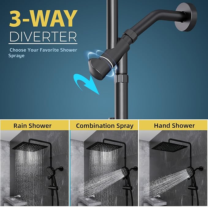 12 Inch Rain Shower Head with 8-Setting Handheld Spray Combo,Black Shower heads with Height Adjustable Shower Arm, Slide Bar with Holder, Stainless Steel Hose