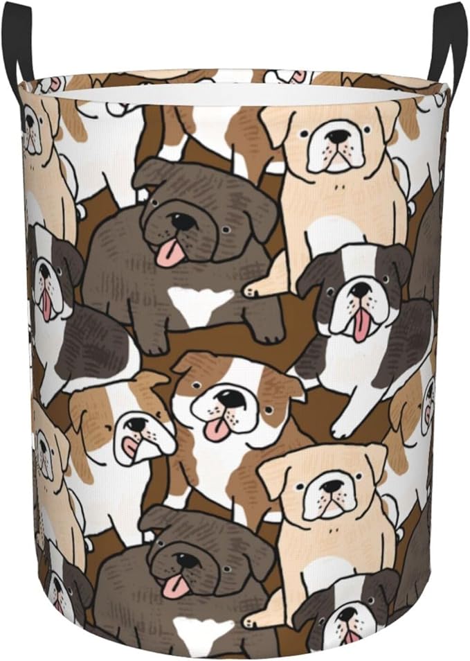 Cute Dogs Laundry Hamper Bag With Waterproof Liner - Cartoon Bulldog Puppy Round Laundry Basket Foldable Clothes Storage Organizer For Bathroom Bedroom Nursery Dorm, M-19.6"X 15.7"