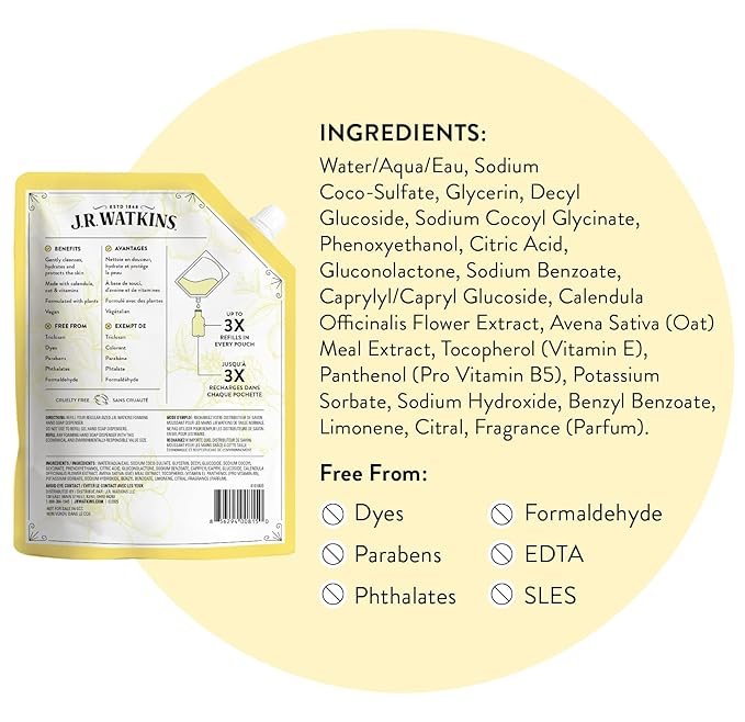 J.R. Watkins Foaming Hand Soap Refill, Moisturizing Foam Hand Wash, Formulated with Plant-Based Cleansers, Alcohol-Free, Cruelty-Free, Lemon, 28 fl oz, 2 Pack