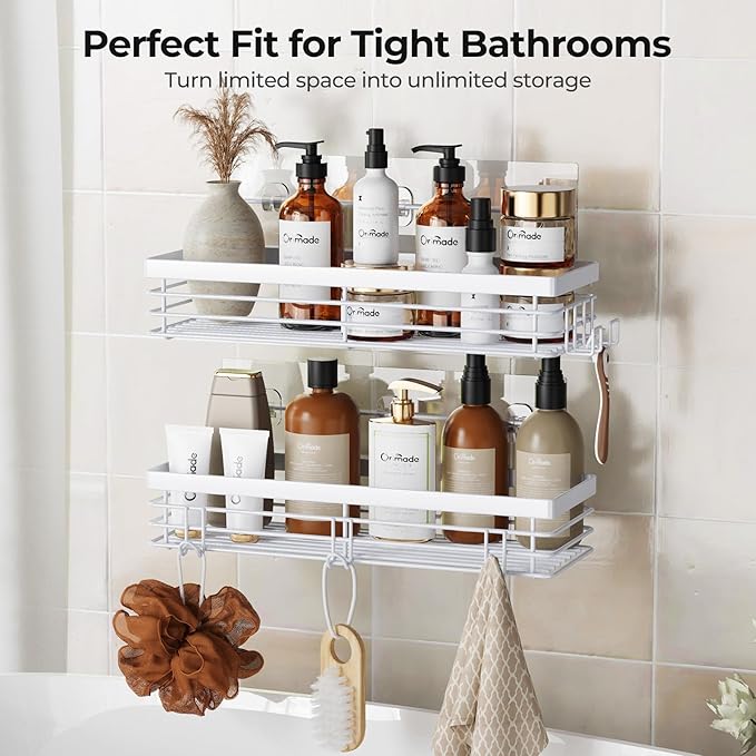 Orimade Shower Caddy with 5 Hooks for Hanging Razor and Sponge Adhesive Shower Shelf Basket Bathroom Storage Organizer Kitchen Rack No Drilling Stainless Steel Rustproof - 2 Pack,White