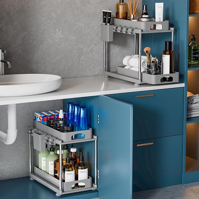 2 Pack Adjustable Gray Under Sink Organizers, 2 Tier Pull Out Storage, Kitchen Bathroom Office Laundry Room Living Room