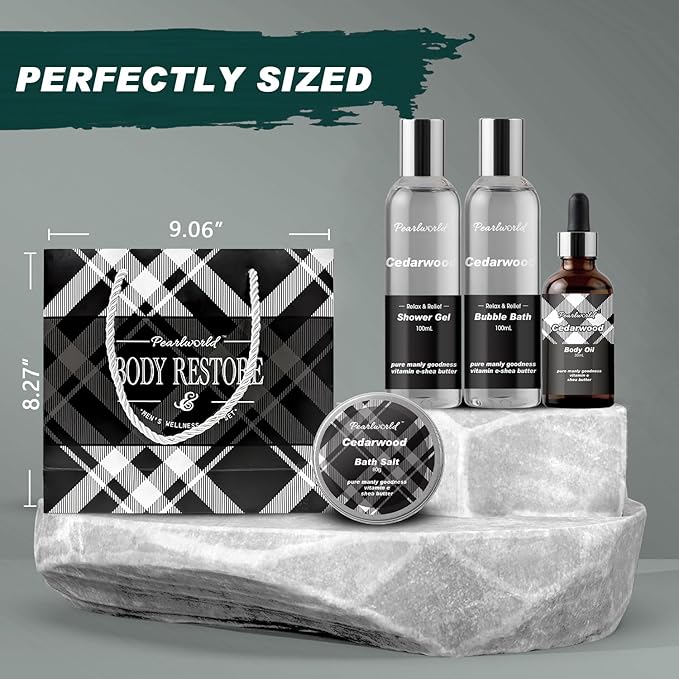 12Pcs Men's Spa Gift Set - Cedarwood Bath & Body Care Kit, Home Spa Set with Natural, Perfect Gifts for Men - Father's Day, Birthday, Valentine's & Christmas