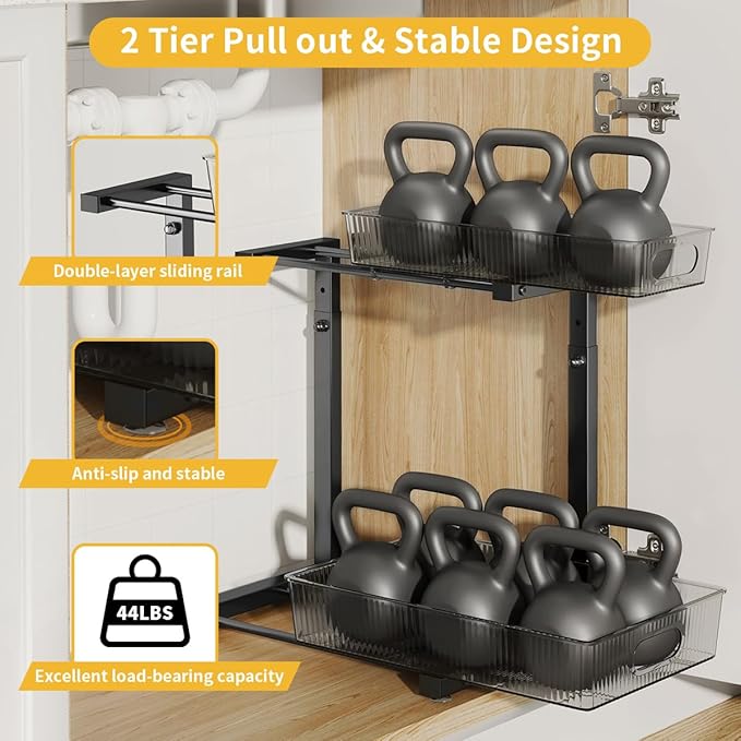 Under Sink Organizer, Under Sink Organizers and Storage with Adjustable Height and PET Basket, Pull Out Under Cabinet Organizer for Counter Kitchen, Vanity, Laundry, Pantry (1Pack, Black)