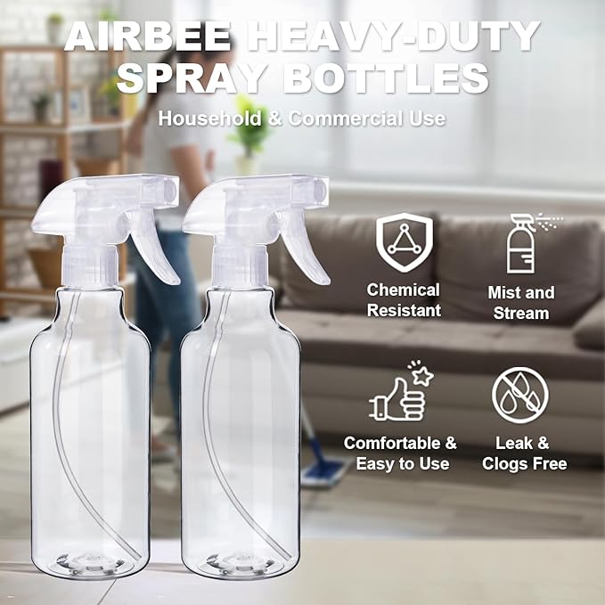 Plastic Spray Bottles (2-Pack, 16.9 Oz) Heavy Duty Spraying, Mist & Stream, Empty Water Sprayer Bottle for Cleaning Solutions, Essential Oils, Hair, Plants, BBQ, Dog Cat Behavior Correction (Clear)