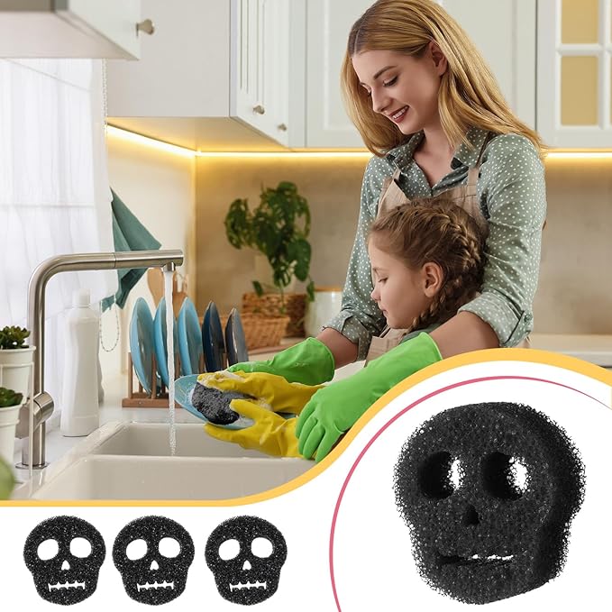 3 Pcs Dual Sided Scrub Sponge Multi Functional Cute Temperature Sensitive Non Scratch Dish Sponge for Washing Dishes Kitchen Bathroom(Skull,Black)